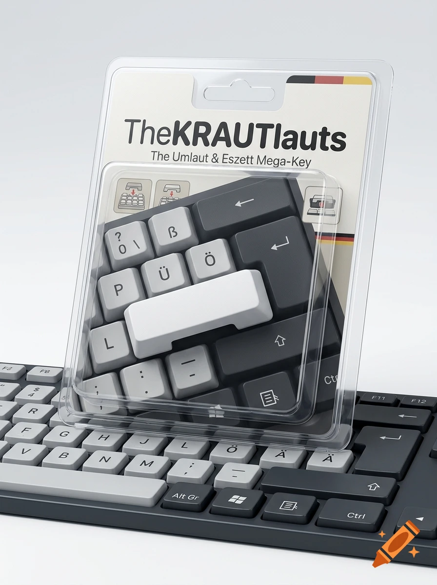 Photorealistic image of a custom German keyboard keycap set in blister packaging labeled 'TheKRAUTlauts'.
