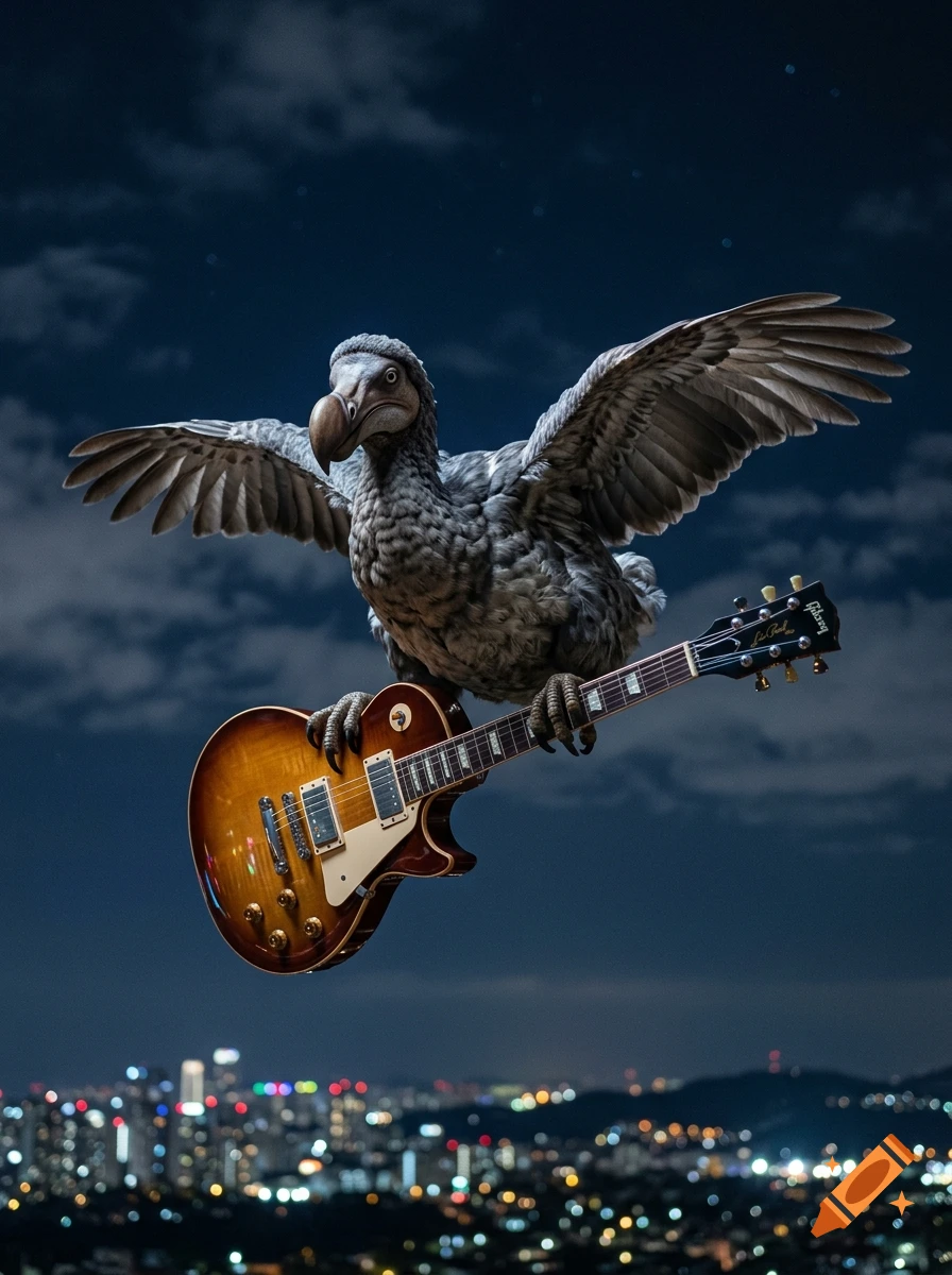 Photorealistic image of a dodo bird flying through a night sky while holding and playing a Gibson Les Paul guitar over a city skyline.