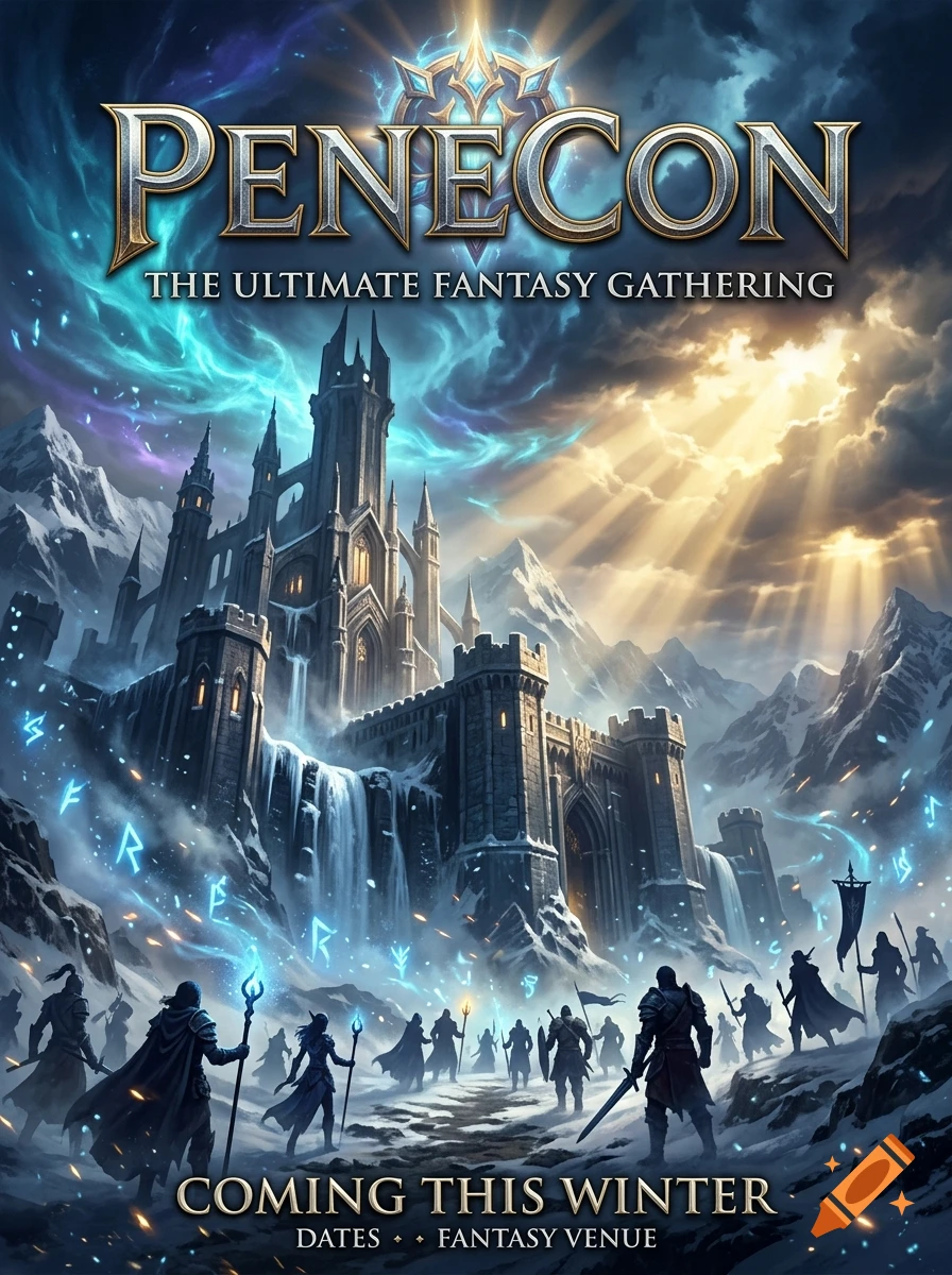 Blizzard-style fantasy convention poster featuring a massive ice castle in a snowy mountain landscape with an army of warriors approaching.