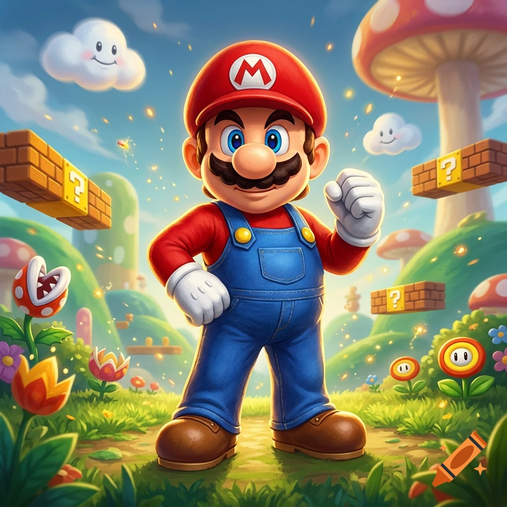 Digital illustration of Mario standing in a vibrant Super Mario-themed world with mushrooms, clouds, and question blocks.