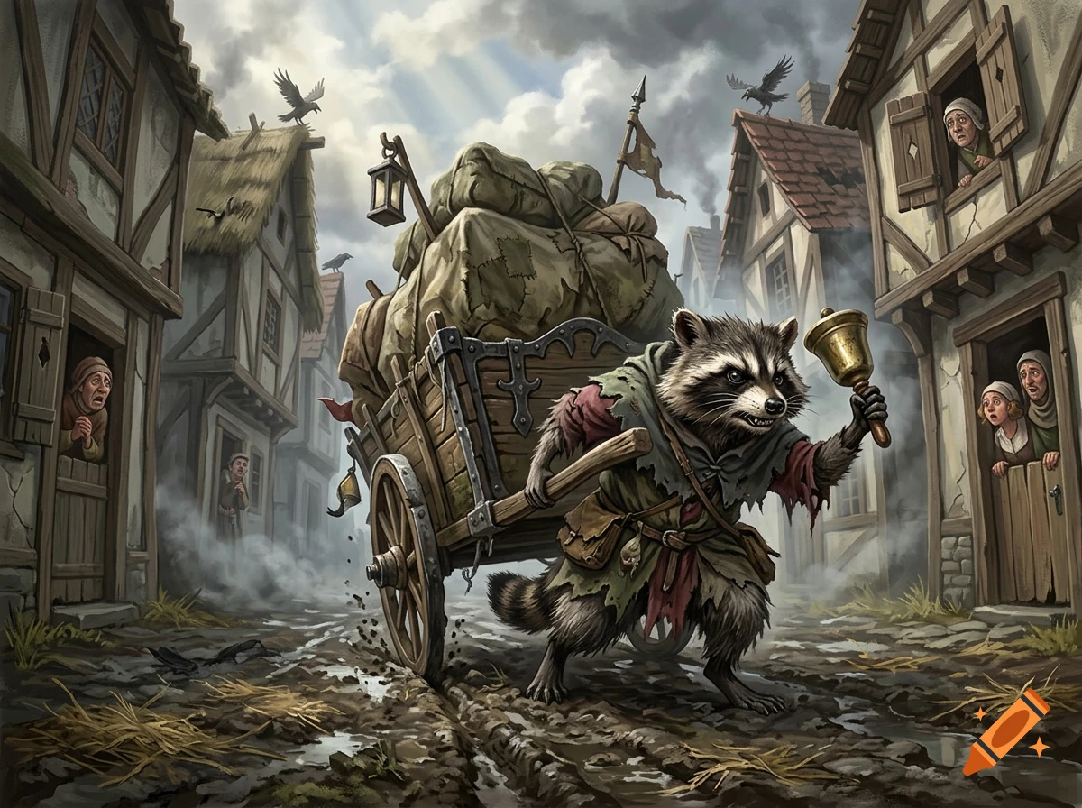 A fantasy illustration of a raccoon pushing a wooden plague cart through a medieval village, ringing a handbell.