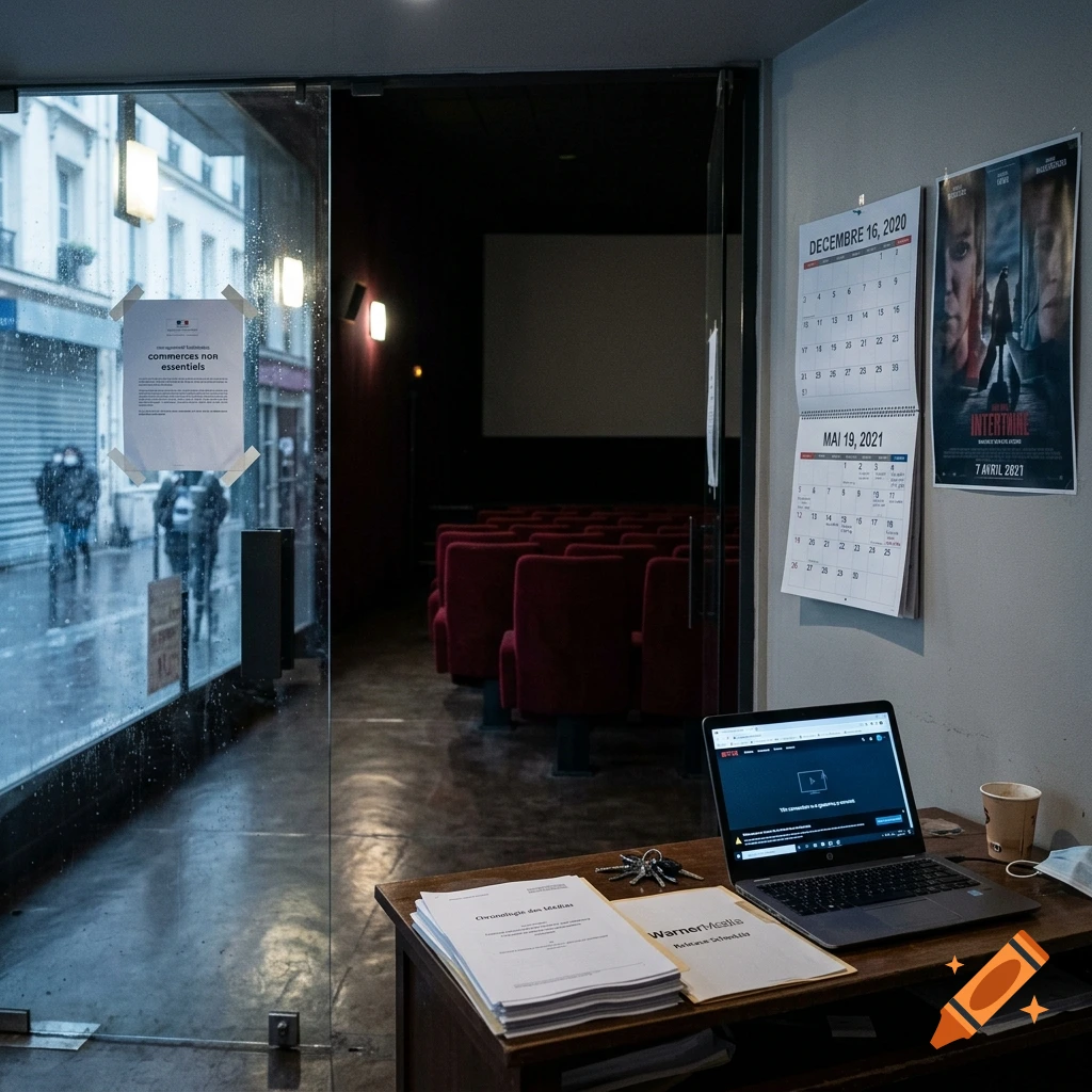 Photorealistic indoor shot of a desk with a laptop, documents, and calendars next to a glass door looking into a dark empty movie theater.