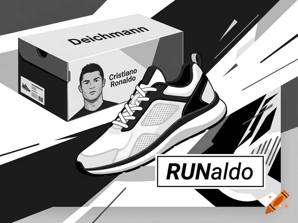 Black and white graphic advertisement featuring a modern running shoe, a Deichmann shoebox, Cristiano Ronaldo, and RUNaldo text.