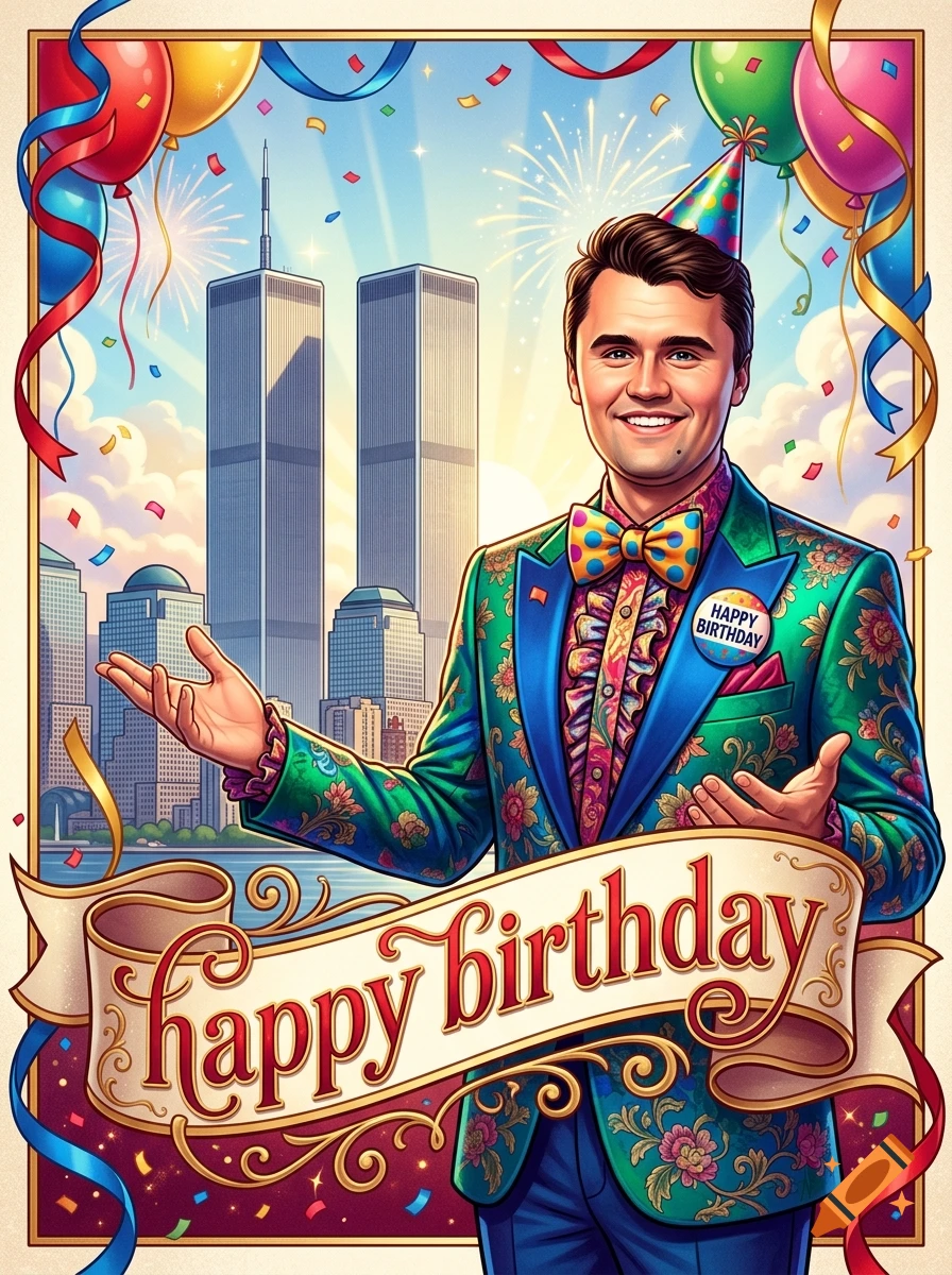 Colorful illustration of Charlie Kirk in a patterned suit with the Twin Towers in the background and a happy birthday banner.