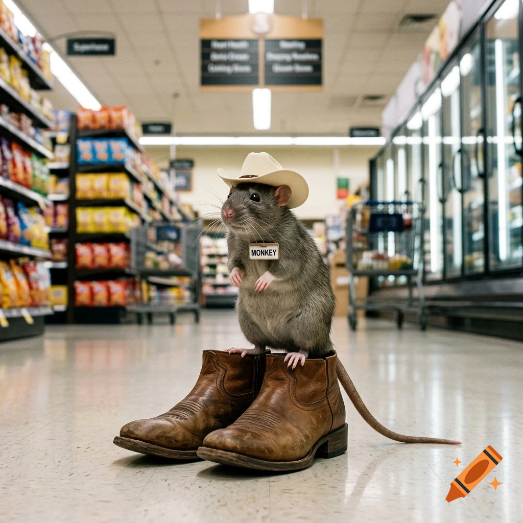 A small rat wearing a cowboy hat and standing inside a pair of large leather boots in the aisle of a grocery store.