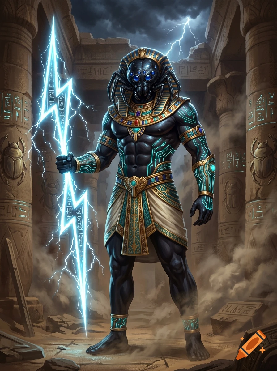 Concept art of an ancient Egyptian god with a muscular human body and black spider head, holding a glowing lightning bolt scepter in a temple ruin.