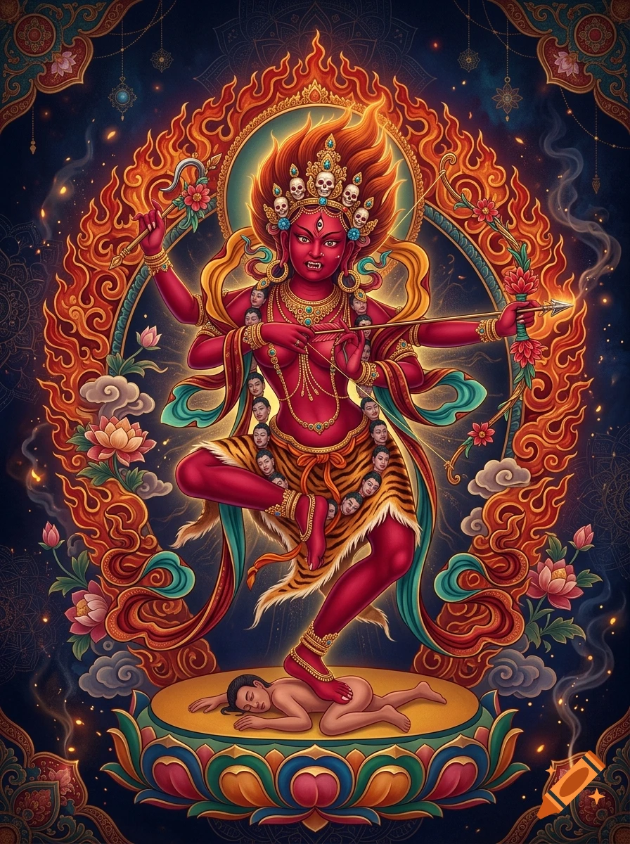 Tibetan goddess Kurukulla with red skin, multiple arms, and a fiery halo in a traditional thangka painting style.