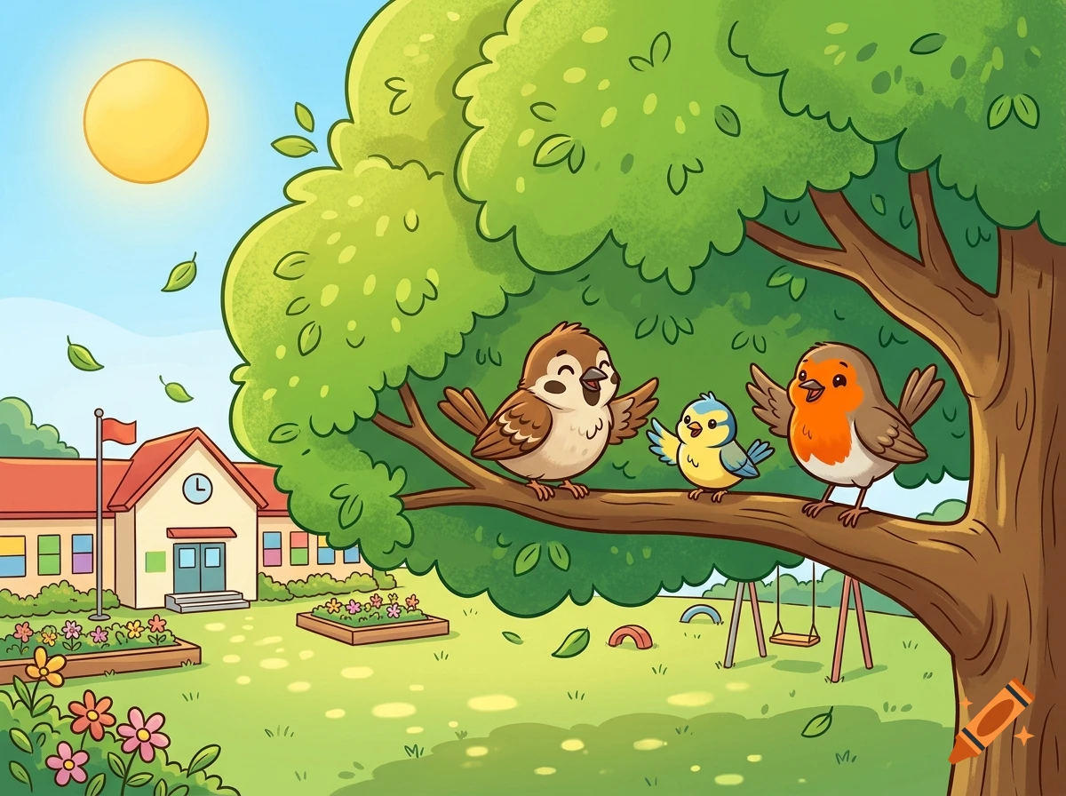 Children book illustration of three colorful birds on a tree branch in a school yard under a bright sun.