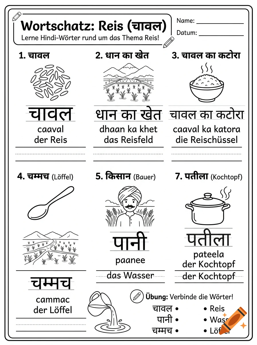 Black and white Hindi vocabulary learning worksheet about rice with illustrations and German translations.