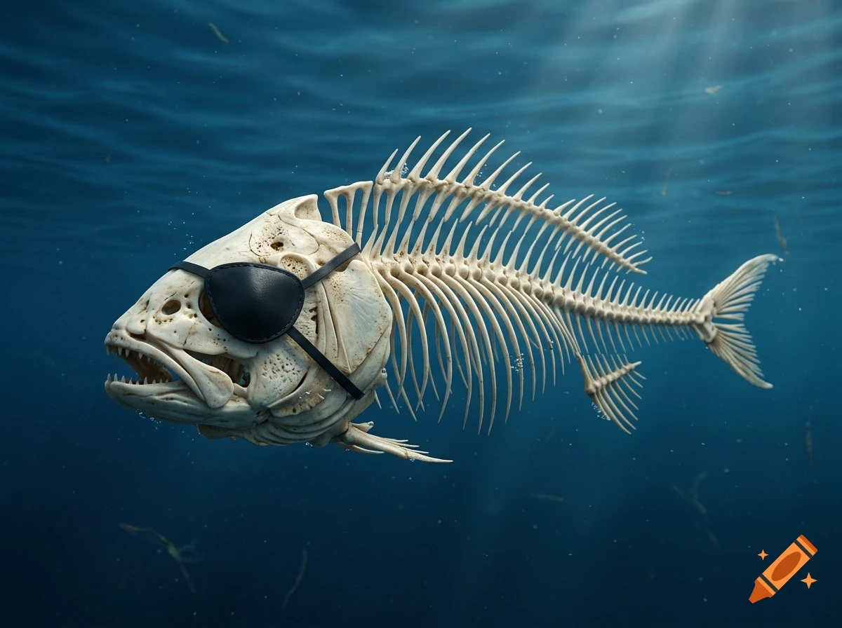 An underwater photograph of a fish skeleton wearing a black pirate eye patch.
