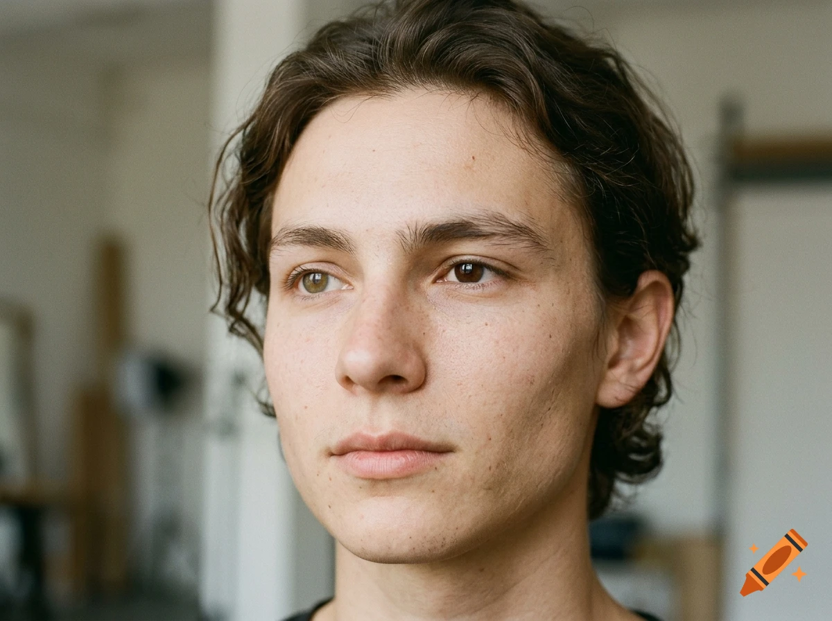 Close-up photorealistic portrait of a young man with dark wavy hair and freckles.