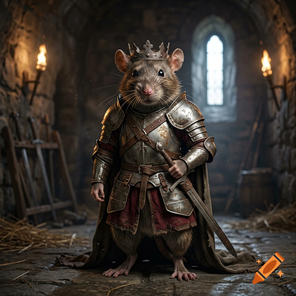Photorealistic image of a rat wearing a small crown and medieval armor in a stone dungeon.