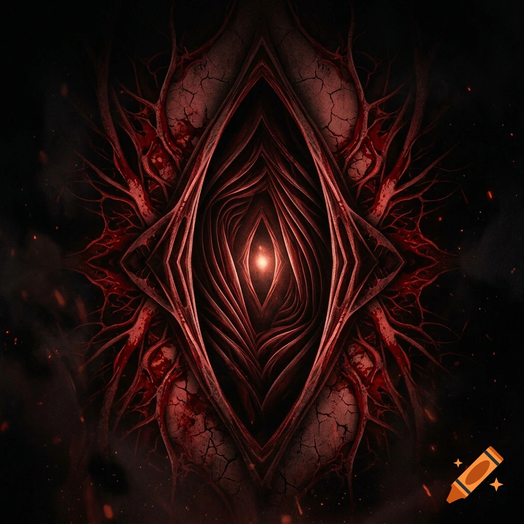 Abstract fractal illustration with a narrow almond shape in red and black, featuring dark organic themes and a glowing center.