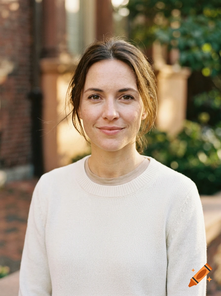 Portrait of a woman with brown hair and a light-colored sweater looking towards the camera.