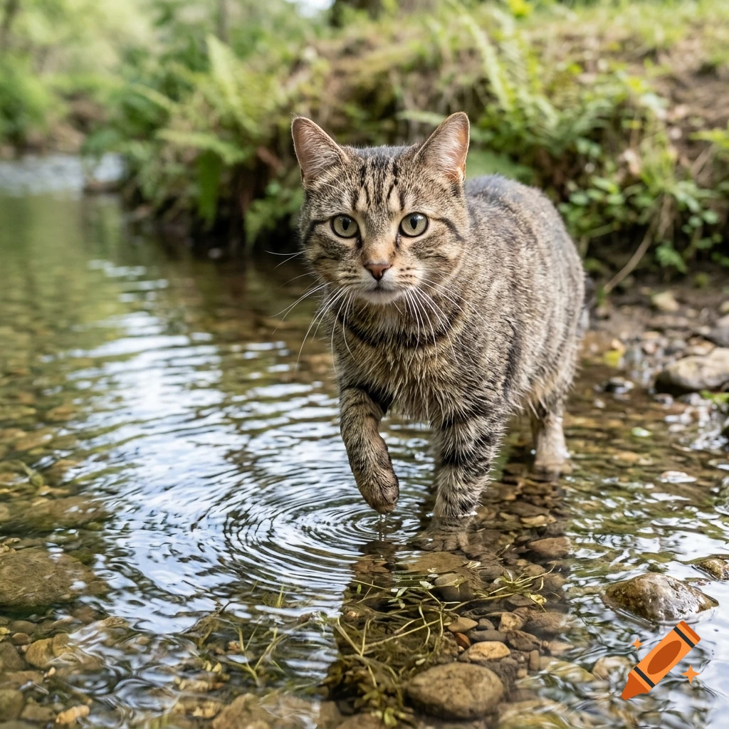 Photorealistic tabby cat walking through a shallow stream in a forest.