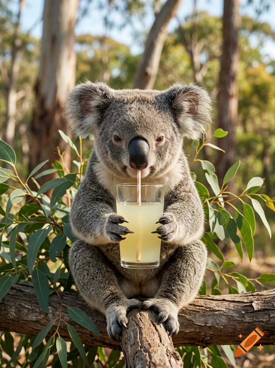 Photorealistic image of a koala sitting on a tree branch, drinking lemonade from a glass with a straw in a eucalyptus forest.