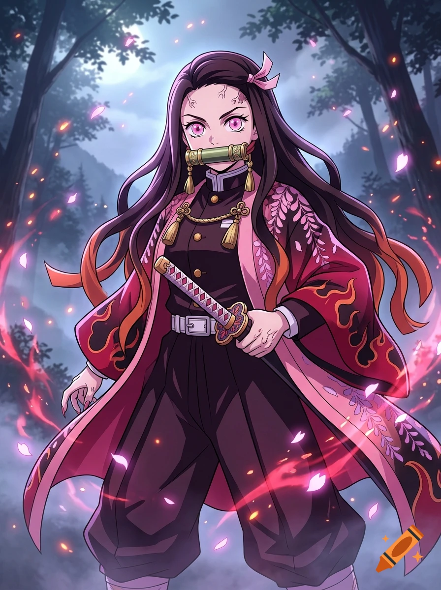 Anime style illustration of a female character with long dark hair, pink eyes, a bamboo muzzle, and a red patterned haori in a forest.