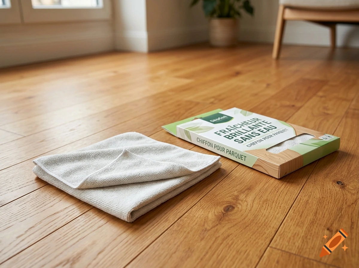 Photorealistic image of a folded microfiber cloth and its packaging box on a wooden floor.