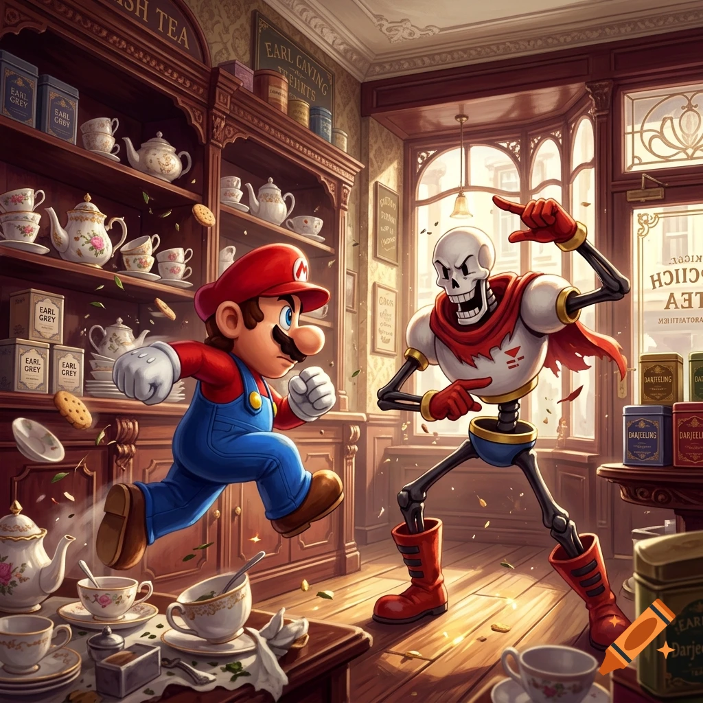 Mario running towards Papyrus from Undertale inside an antique English tea shop, digital illustration style.