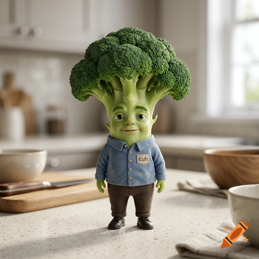 A friendly broccoli character with a human-like face and a blue button-down shirt stands on a kitchen counter.