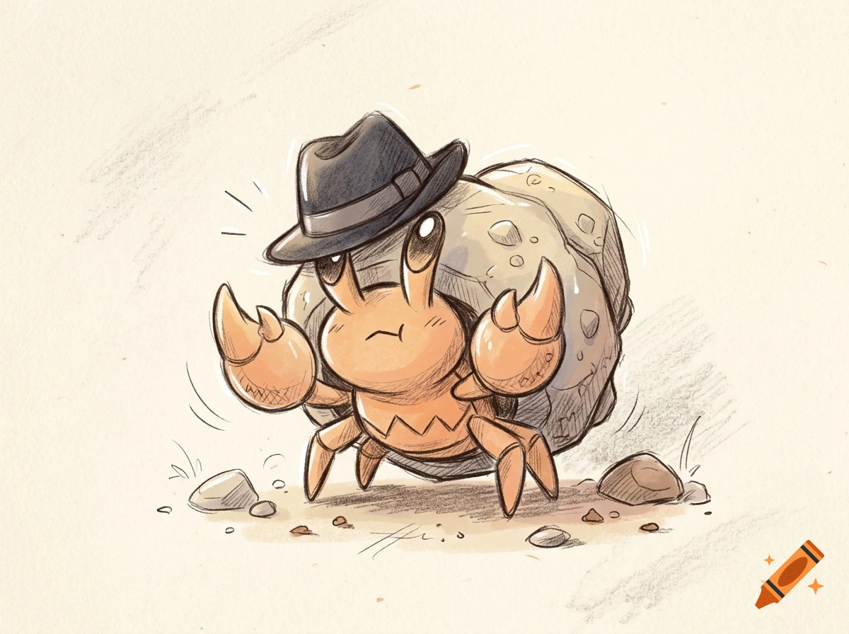 Sketch-style illustration of a Dwebble Pokémon wearing a fedora hat.