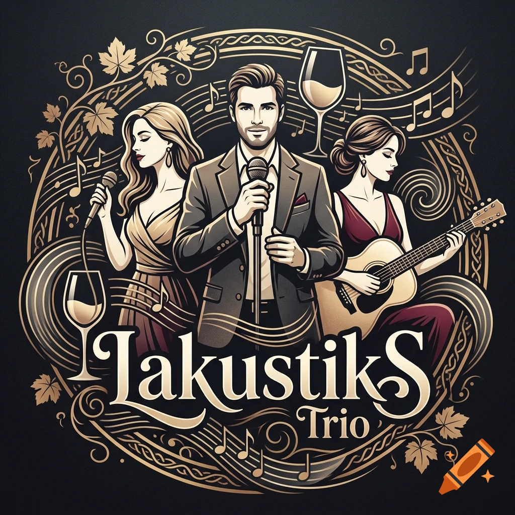 An illustrated logo for a musical group named Jakustiks Trio, featuring three performers singing and playing guitar surrounded by musical notes, wine glasses, and decorative flourishes.