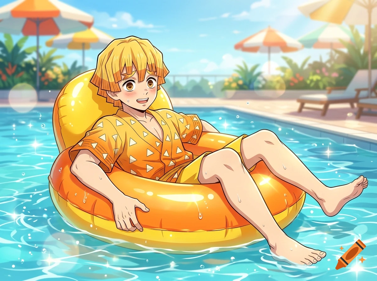 An anime illustration of a blond boy relaxing in an inflatable yellow pool float in a swimming pool.