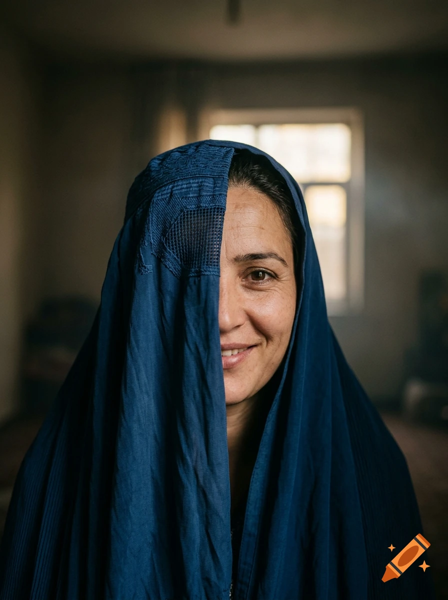 Photorealistic portrait of a smiling woman with half of her face covered by a blue veil in a dimly lit room.