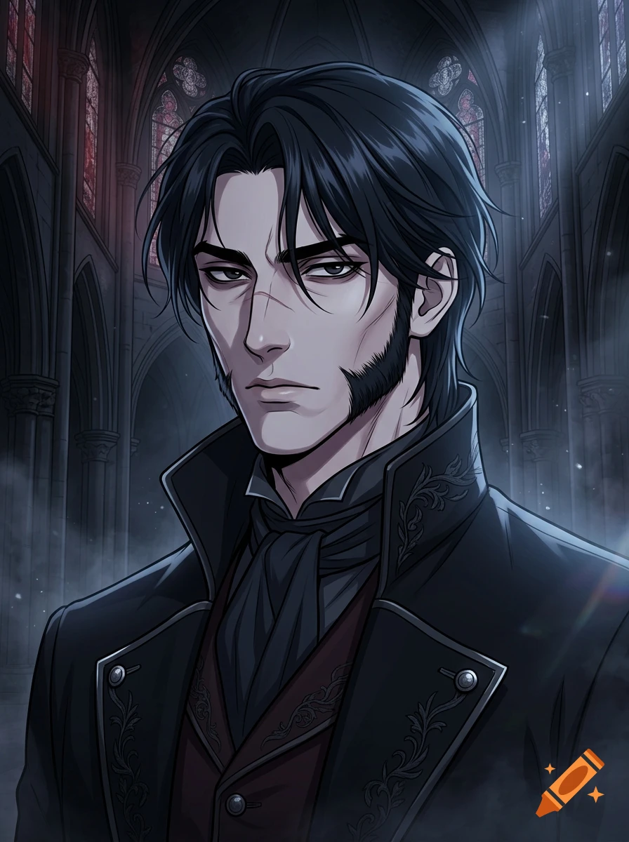 Digital illustration of a man with dark hair and sideburns wearing a high-collared black coat inside a dim cathedral.
