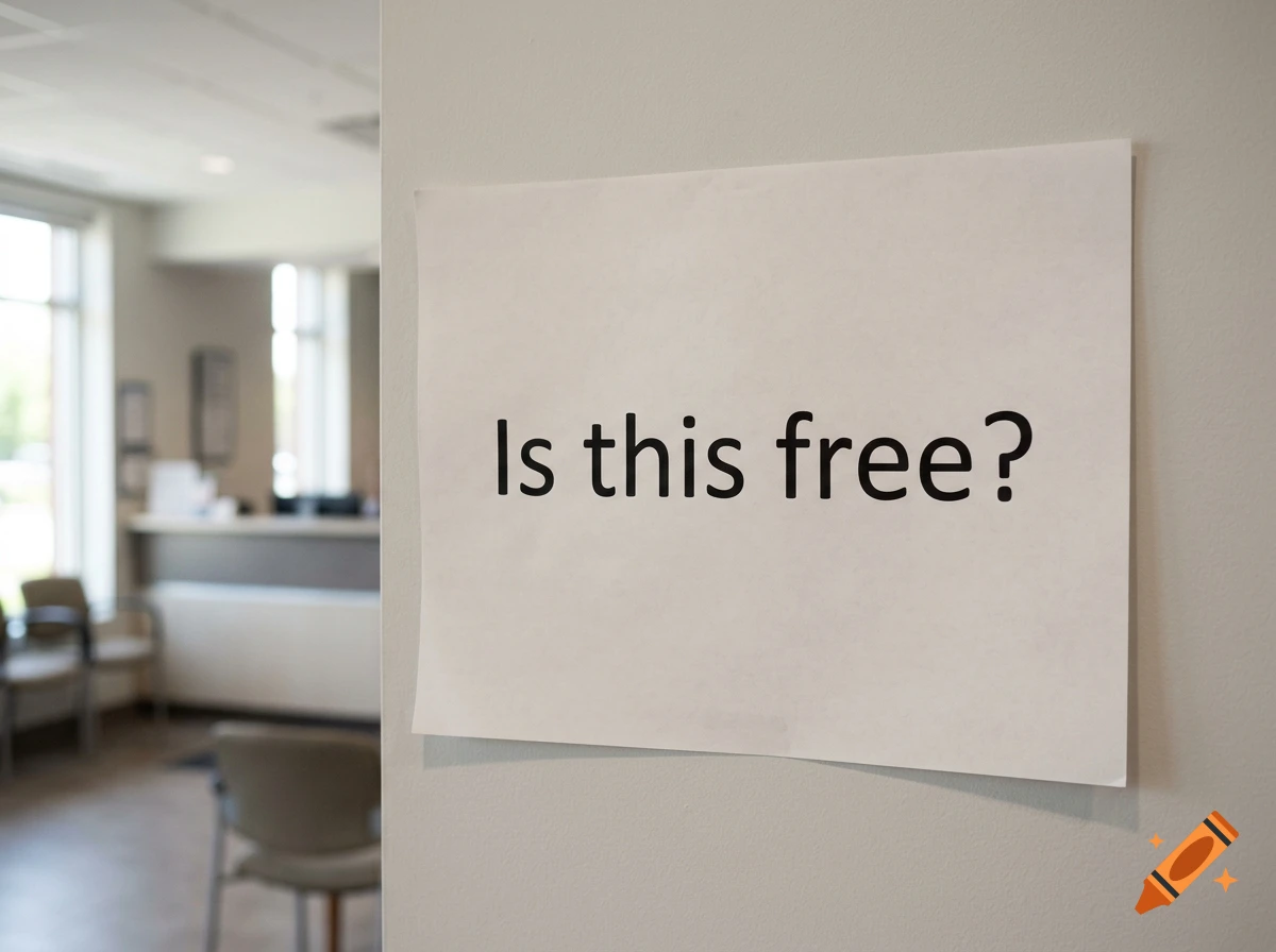 A piece of paper taped to a wall with the text 'Is this free?' printed on it, with an office waiting room in the blurred background.