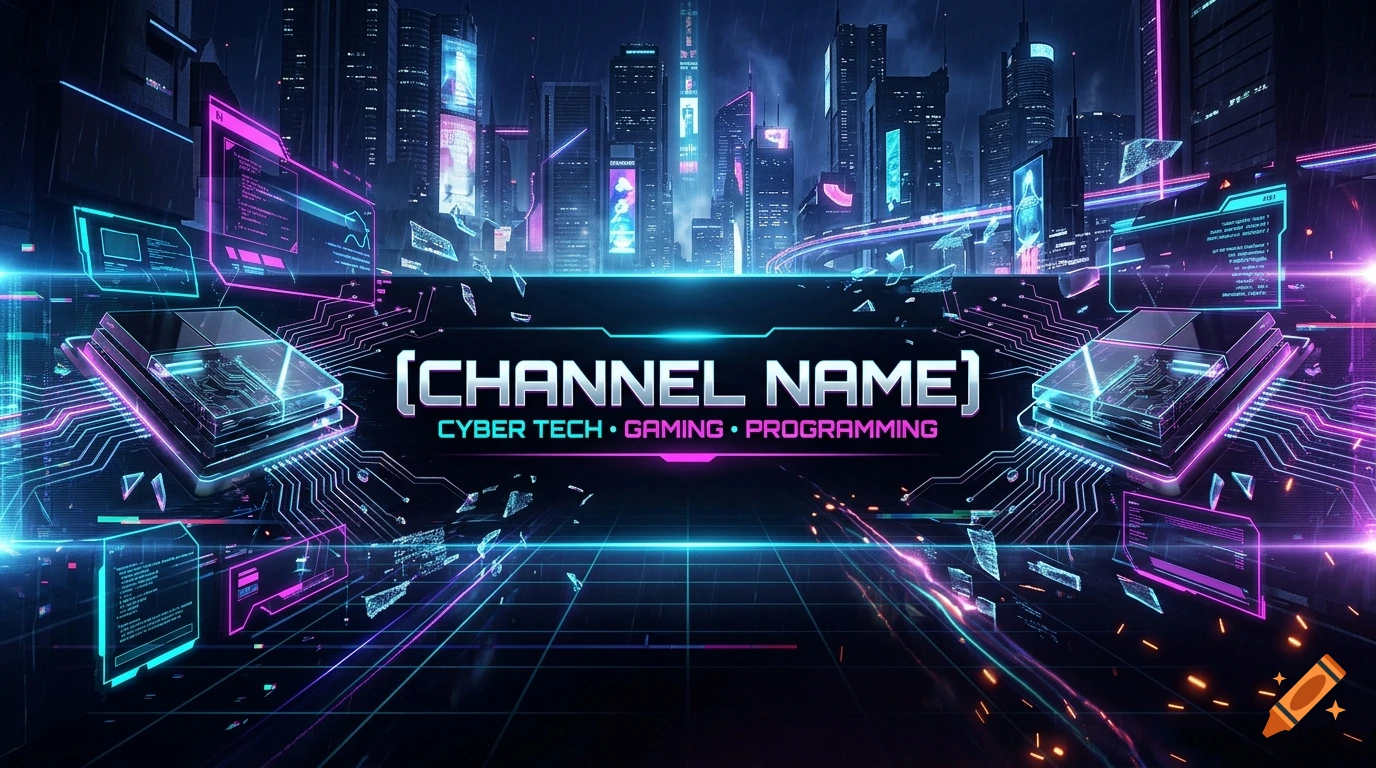 Futuristic cyberpunk banner with glowing circuitry, holographic displays, and a city skyline background.