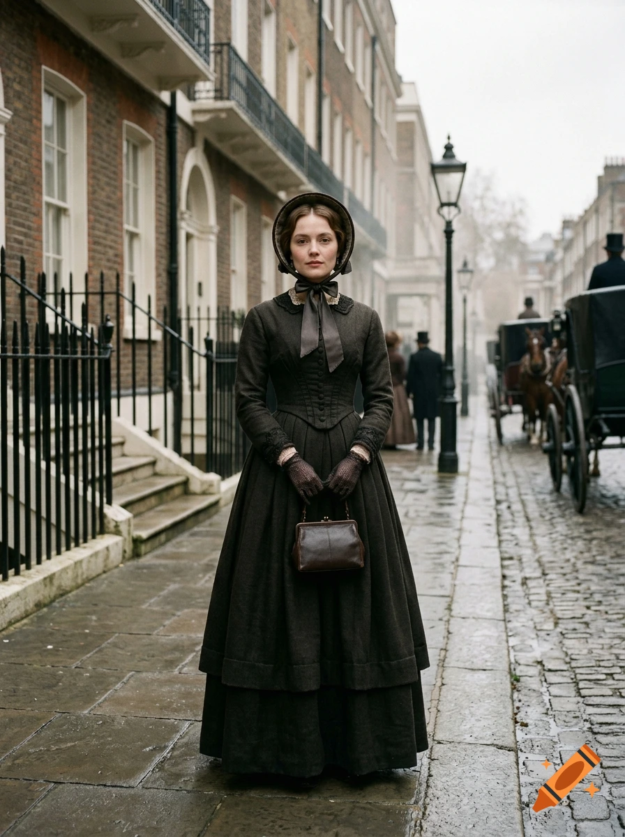A woman in period attire stands on a historic cobblestone street lined with brick townhouses and horse-drawn carriages.
