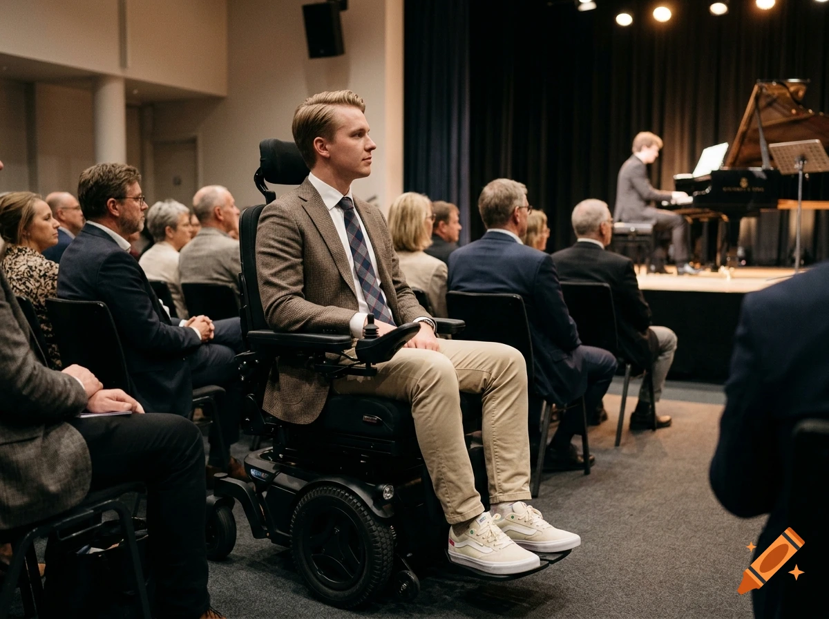 A young man with blonde hair sitting in an electric wheelchair in an auditorium with other people watching a pianist on stage.