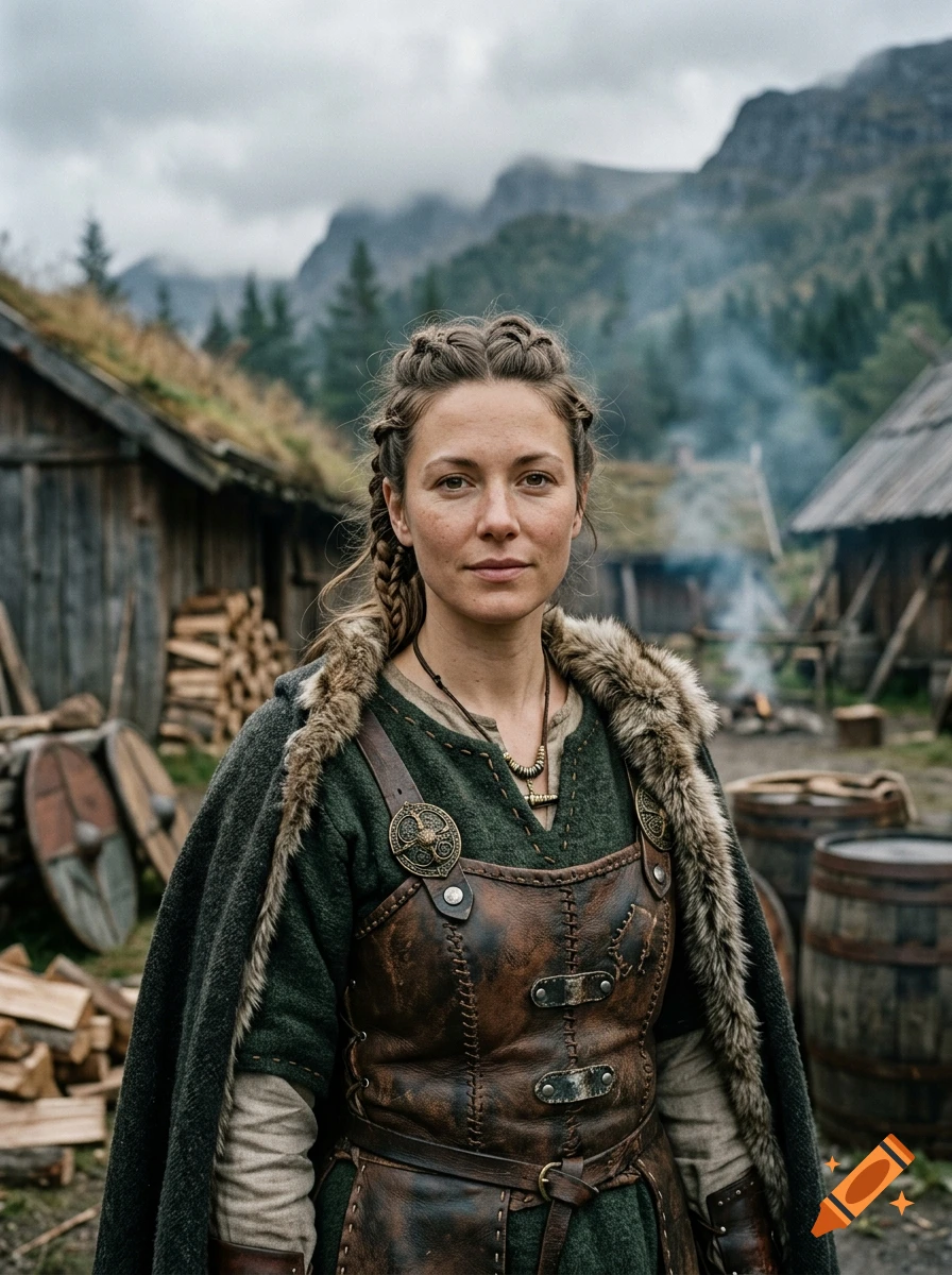 A portrait of a woman in Viking-style leather armor and a fur-trimmed cloak, standing in a historic village with wooden houses and mountains in the background.