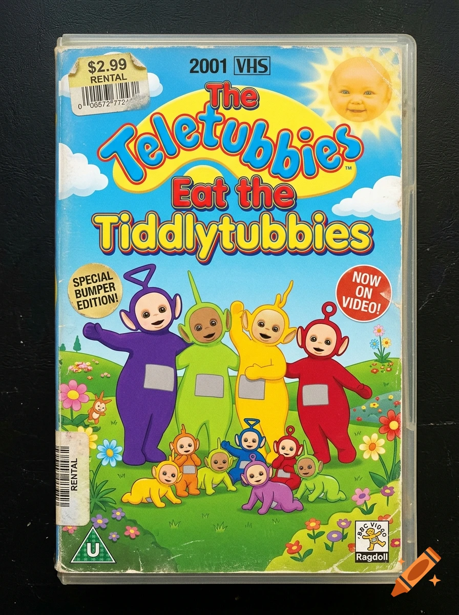 Parody VHS cover of The Teletubbies Eat the Tiddlytubbies featuring characters on a green hill.