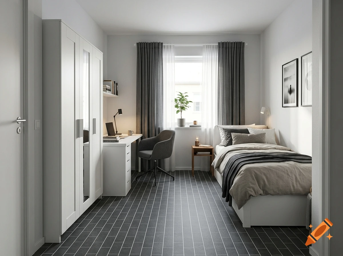 A modern, small bedroom with a white single bed, a wardrobe with mirrored doors, a desk setup with an office chair, and dark gray tiled floors.