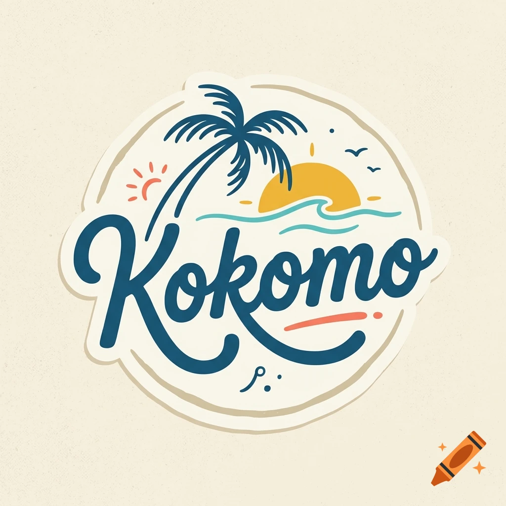 Round tropical sticker logo featuring a palm tree, sunset, ocean waves, and the word Kokomo in cursive script.