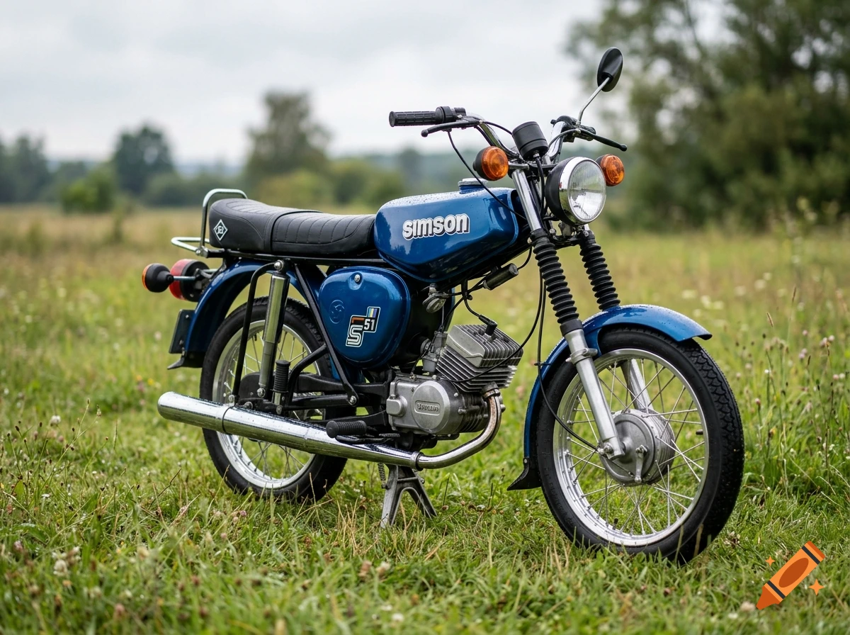 Photorealistic image of a classic blue Simson S51 moped parked on a grassy field.