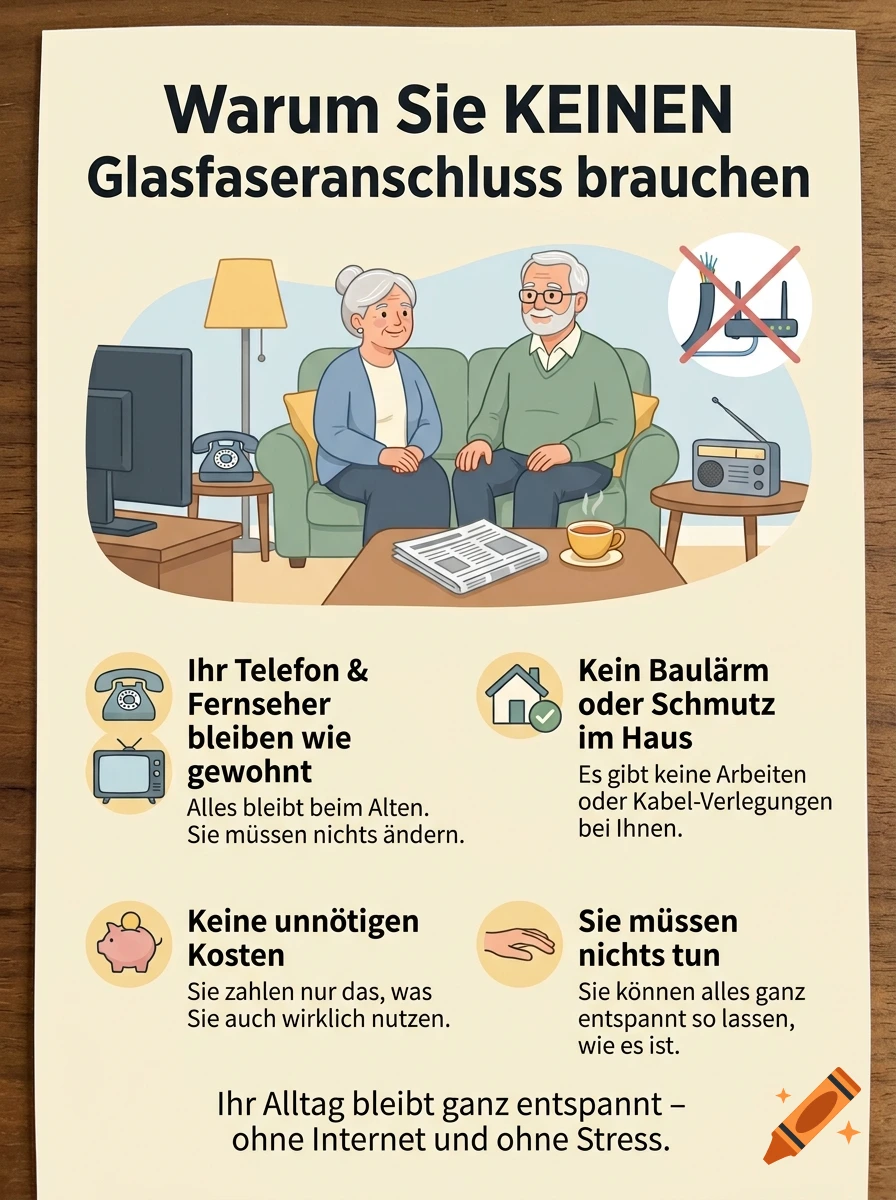 German flyer illustration for elderly people about why they do not need fiber optic internet, featuring an older couple sitting together.