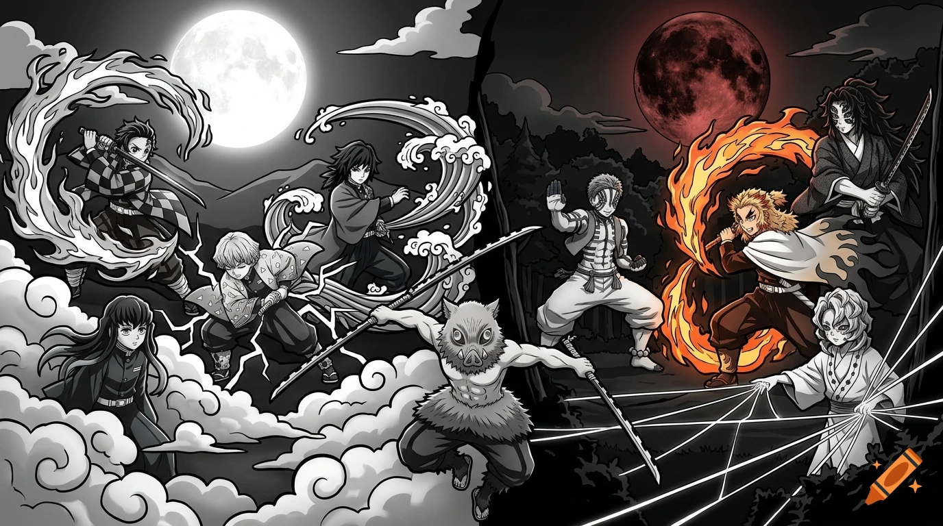 Split-composition anime battle scene in black and white with contrasting full moon and blood red moon, featuring Demon Slayer characters.