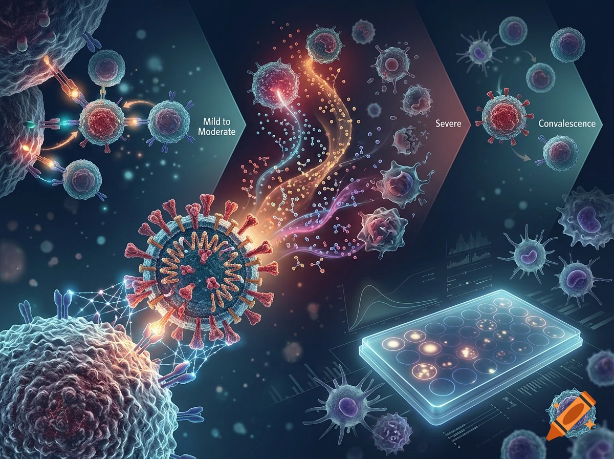 Scientific illustration depicting COVID-19 virus structure, immune response cells, and laboratory testing equipment.