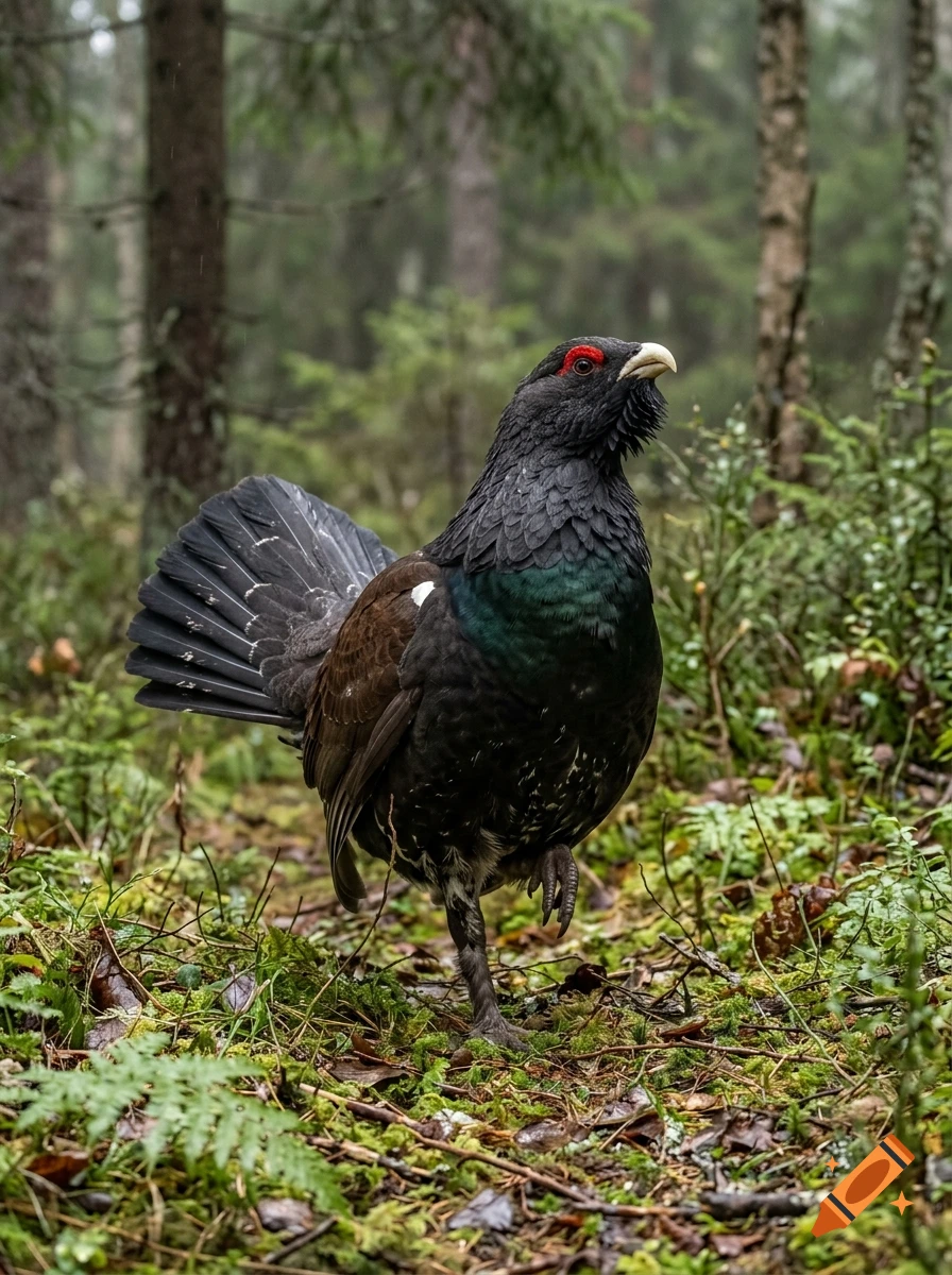 Photorealistic capercaillie bird standing on one leg in a forest clearing.
