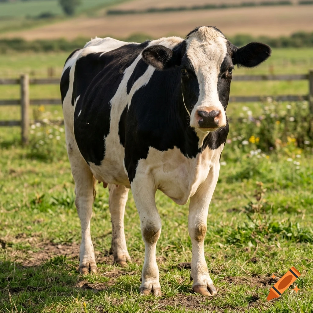 Photorealistic image of a black and white dairy cow standing in a green pasture with a wooden fence in the background.