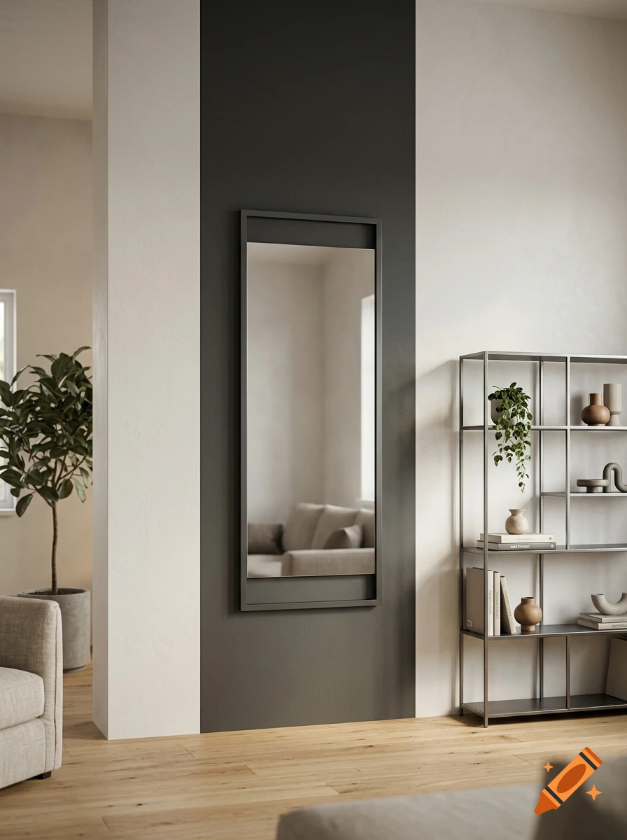 Photorealistic interior view featuring a large rectangular mirror on a dark gray accent wall, a metal shelving unit, and a plant.