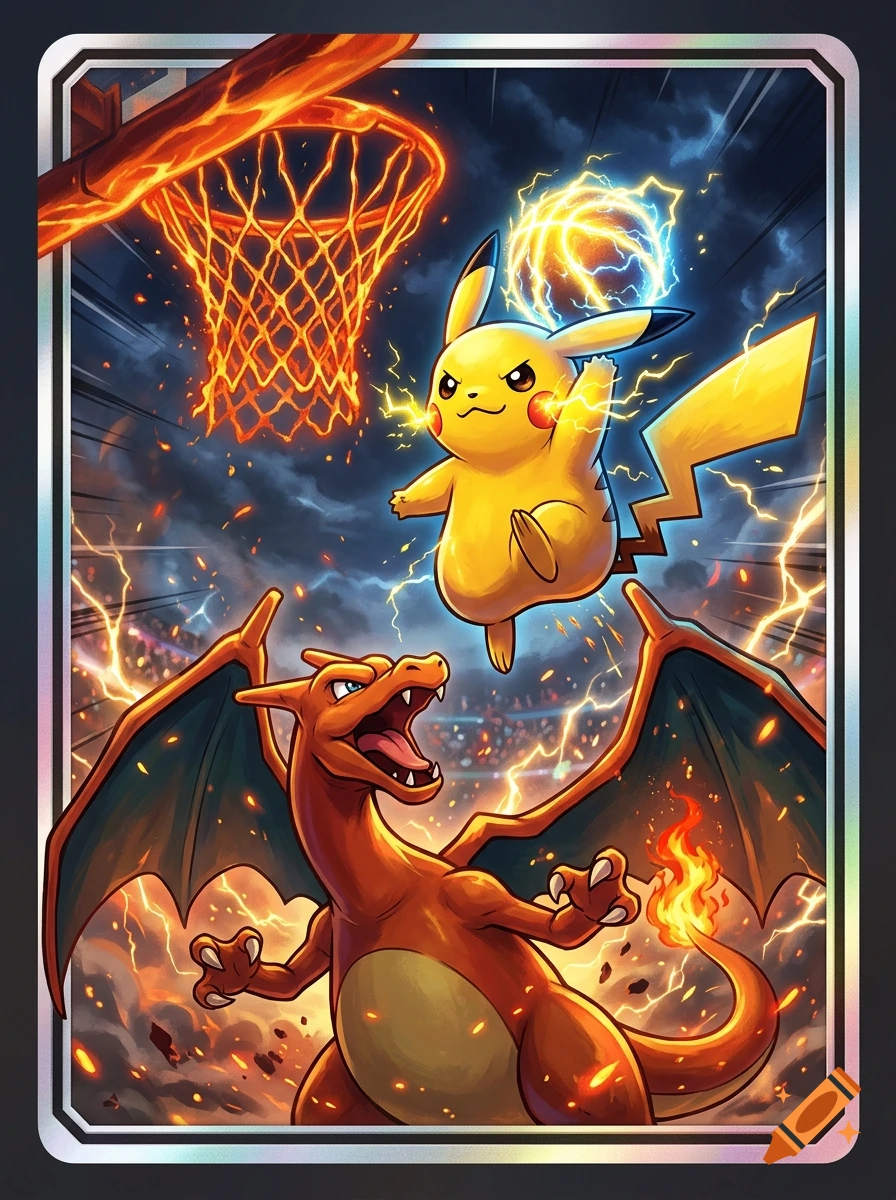 A stylized holographic trading card featuring Pikachu jumping with an electric basketball and Charizard below on a basketball court.