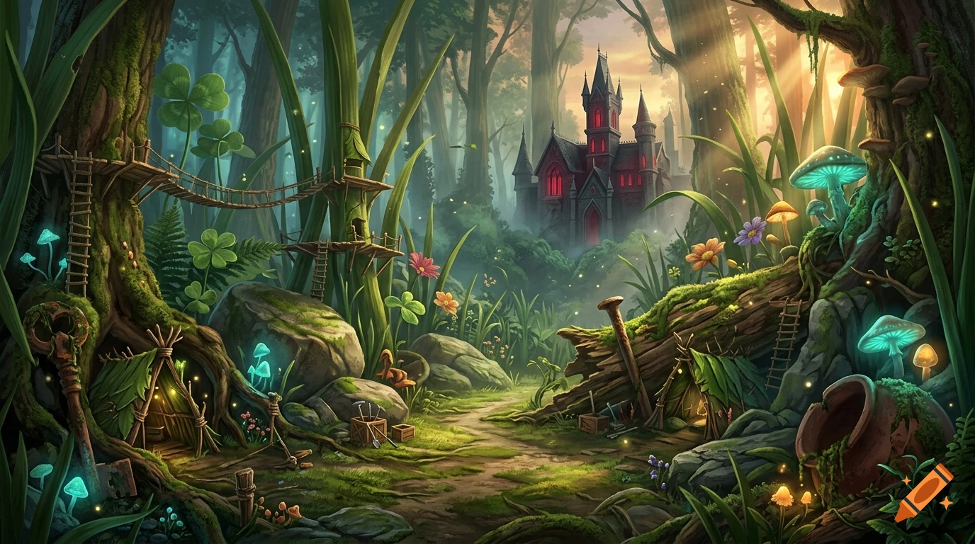 Digital painting of a vibrant, magical forest with glowing mushrooms, a winding path, and a dark gothic castle in the background.