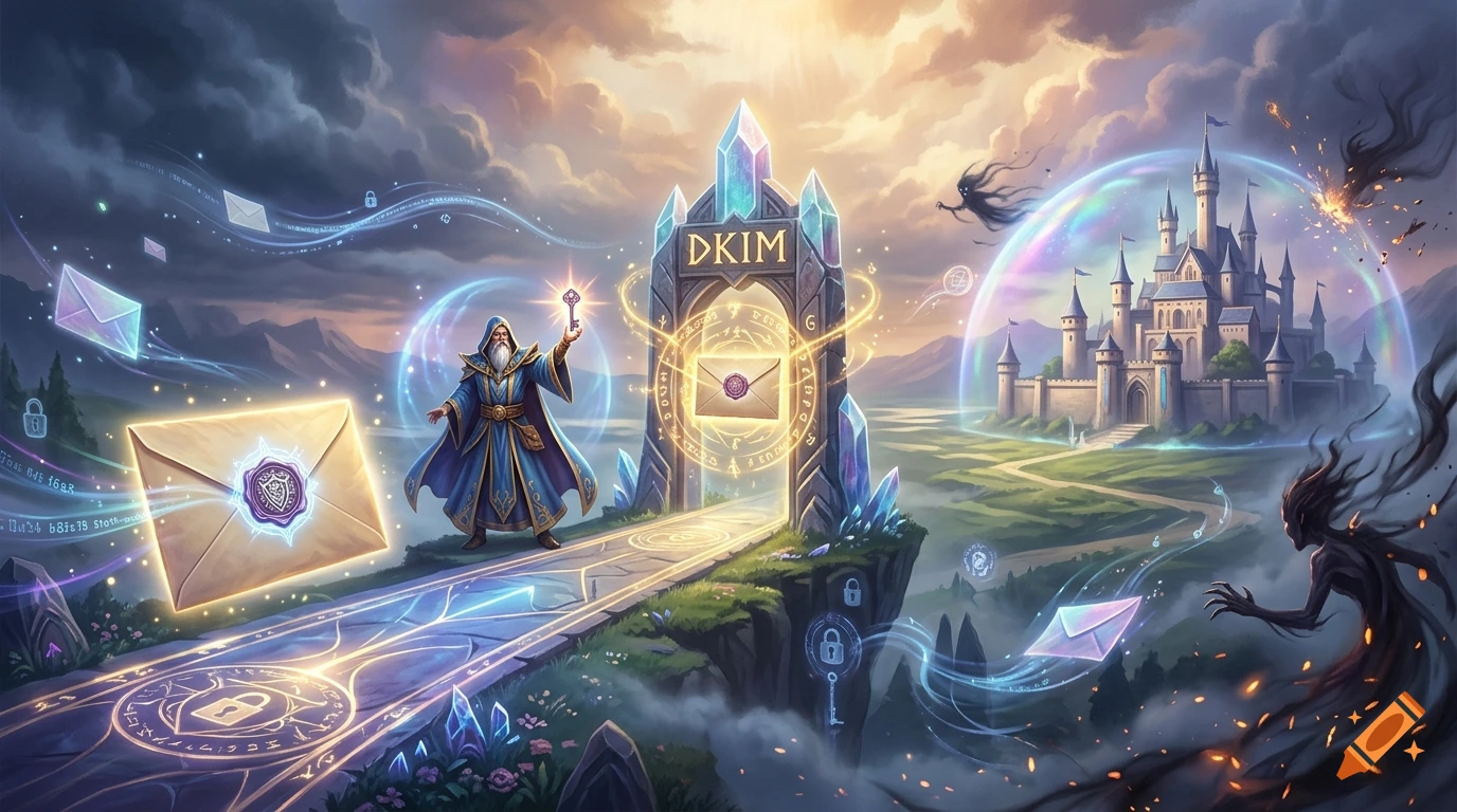 A fantasy illustration featuring a wizard holding a key before a portal labeled DKIM, protecting a mail delivery system from shadowy creatures and a shielded castle.
