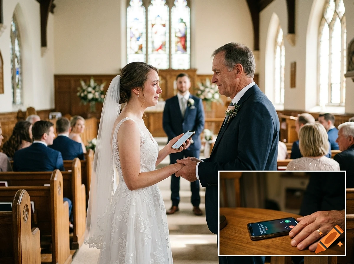 A tearful bride in a white wedding dress and veil stands at the altar holding hands with an older man in a suit, inside a church during a wedding ceremony, with guests seated in pews.