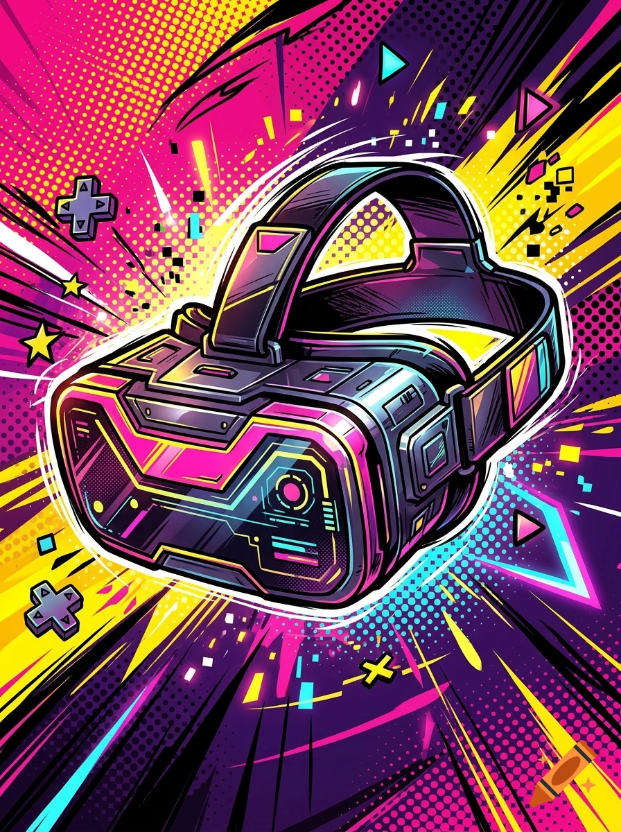 VR headset floating amid dynamic pink and yellow comic book style action lines and controller icons.