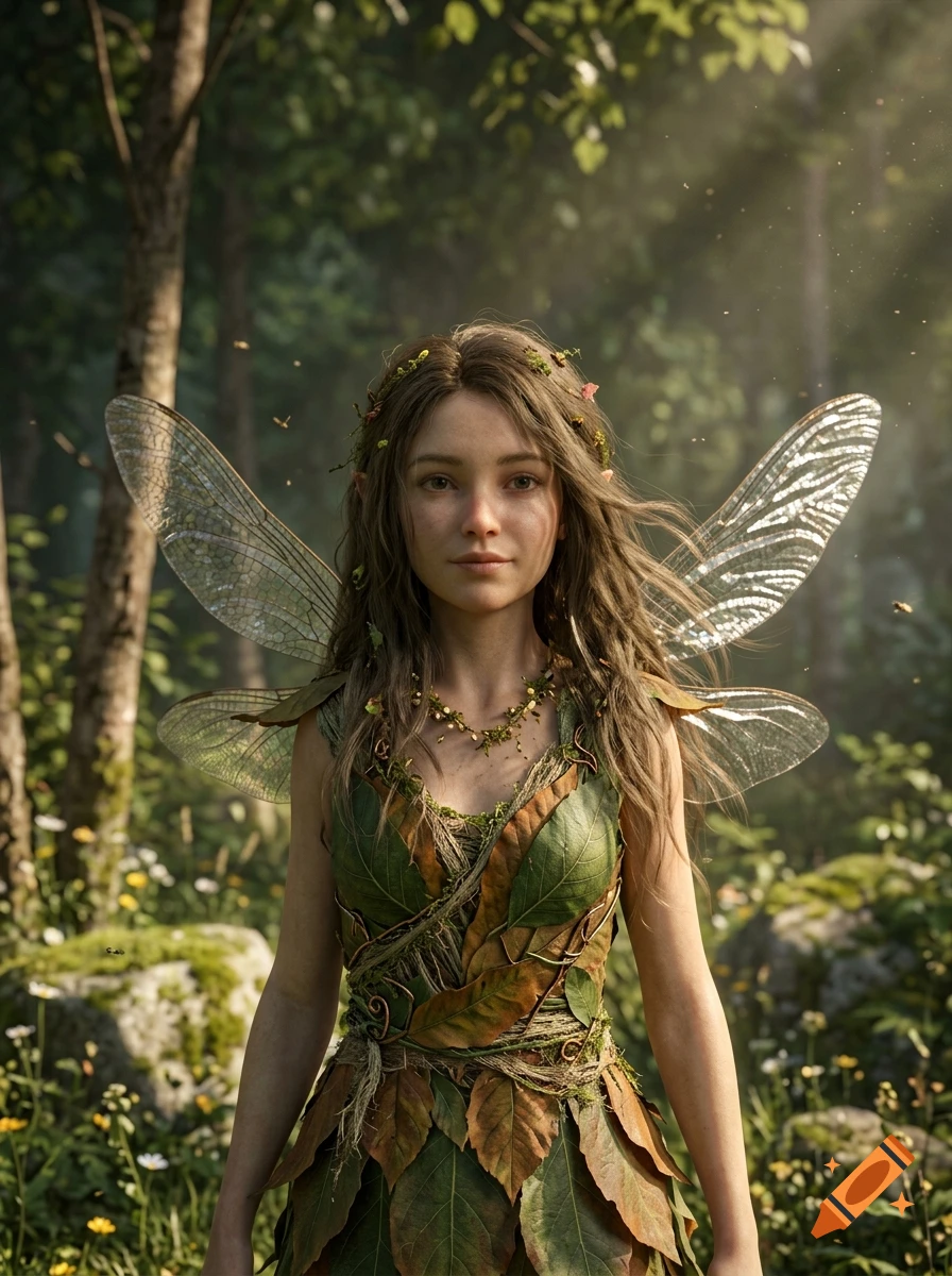 Photorealistic portrait of a young female fairy with translucent wings, standing in a sunlit forest.